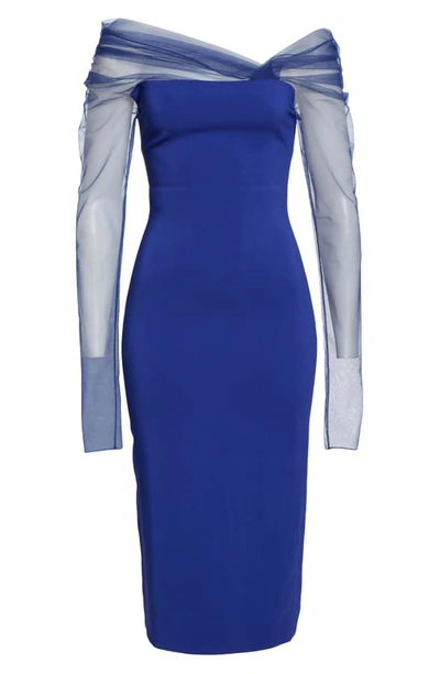 Shop Cushnie Off The Shoulder Tulle Long Sleeve Midi Dress In Indigo