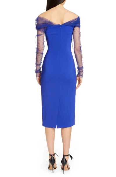 Shop Cushnie Off The Shoulder Tulle Long Sleeve Midi Dress In Indigo