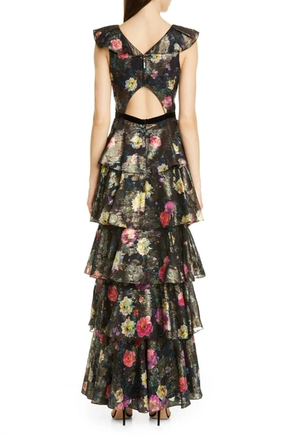 Shop Marchesa Notte Metallic Floral Ruffle Tiered Gown In Black