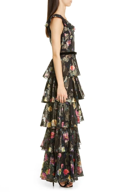 Shop Marchesa Notte Metallic Floral Ruffle Tiered Gown In Black