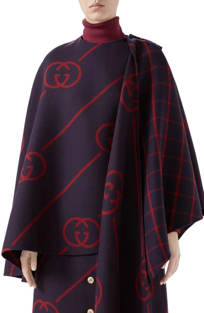 Shop Gucci Interlocking-g Diagonal Stripe Wool & Silk Cape In Blue/ Red