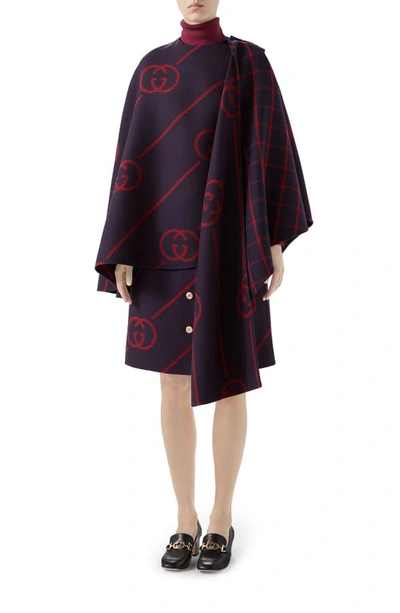 Shop Gucci Interlocking-g Diagonal Stripe Wool & Silk Cape In Blue/ Red