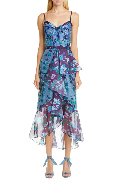 Shop Marchesa Notte High/low Chiffon Midi Dress In Blue