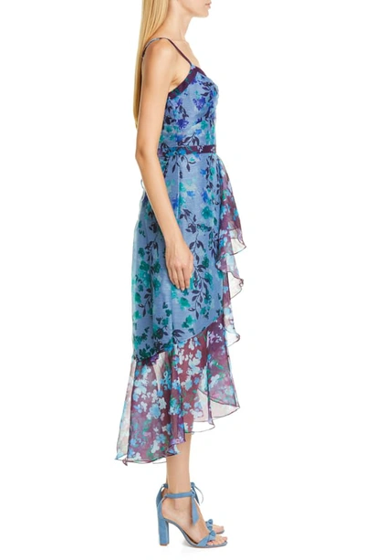 Shop Marchesa Notte High/low Chiffon Midi Dress In Blue
