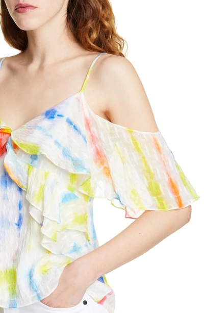 Shop Tanya Taylor Tavia Ruffle Detail Tie Dye Silk & Cotton Top In Tie Dye Stripe - Multi