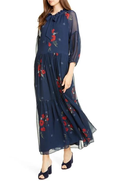 Shop Joie Saffrona Floral Silk Maxi Dress In Midnight