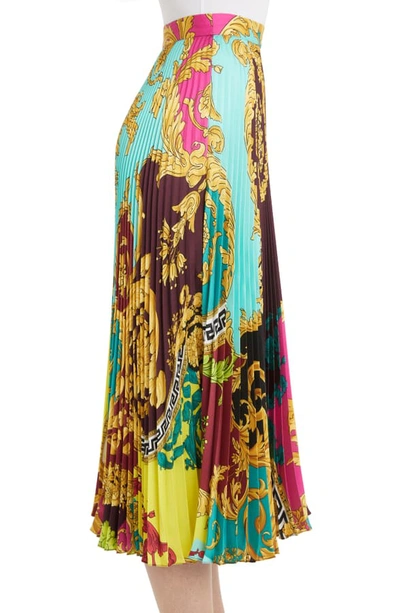 Shop Versace Colorblock Mixed Print Pleated Midi Skirt In Multi