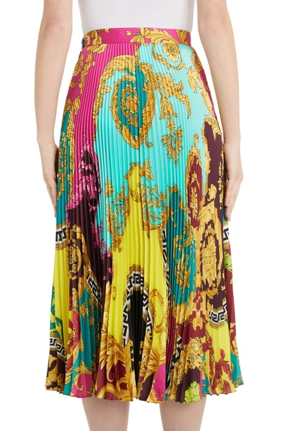 Shop Versace Colorblock Mixed Print Pleated Midi Skirt In Multi