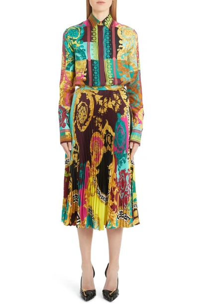 Shop Versace Colorblock Mixed Print Pleated Midi Skirt In Multi