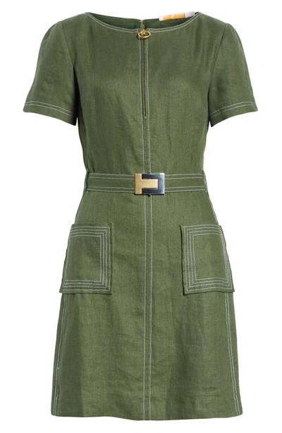 Shop Tory Burch Belted Linen Dress In Equestrian Green