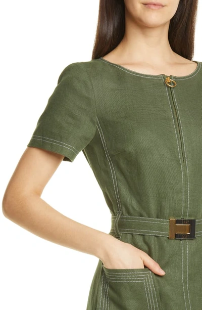 Shop Tory Burch Belted Linen Dress In Equestrian Green