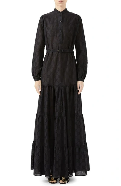 Shop Gucci Micro Gg Broderie Anglaise Long Sleeve Maxi Dress In Black