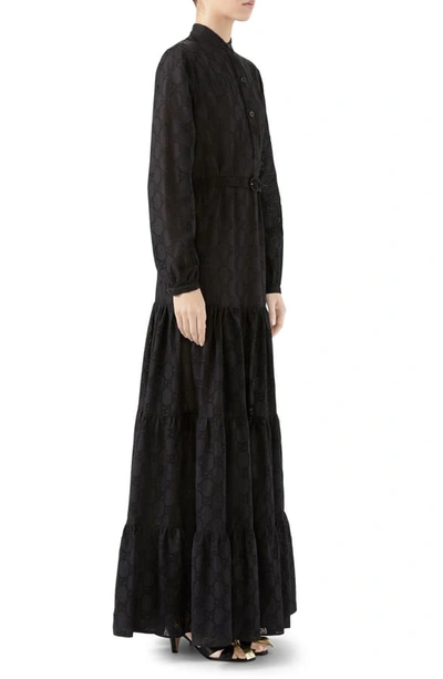 Shop Gucci Micro Gg Broderie Anglaise Long Sleeve Maxi Dress In Black