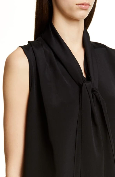 Shop St. John Tie Neck Stretch Silk Shell In Caviar