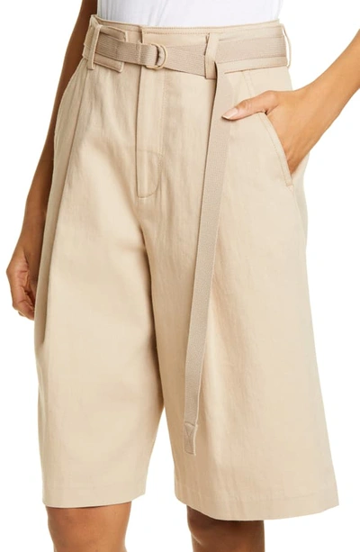 Shop Vince Belted Stretch Cotton & Linen Blend Shorts In Latte