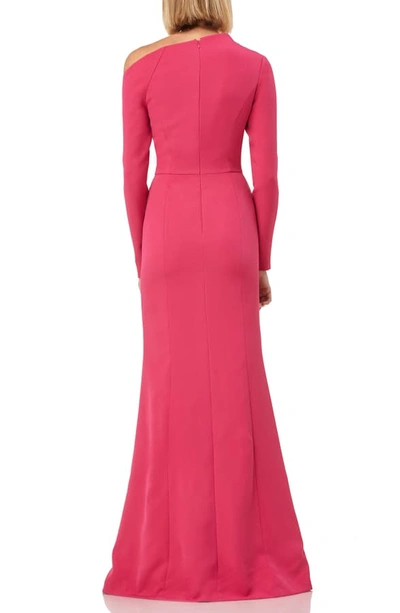 Shop Kay Unger Asymmetrical Neck Long Sleeve Mermaid Gown In Coral Pink