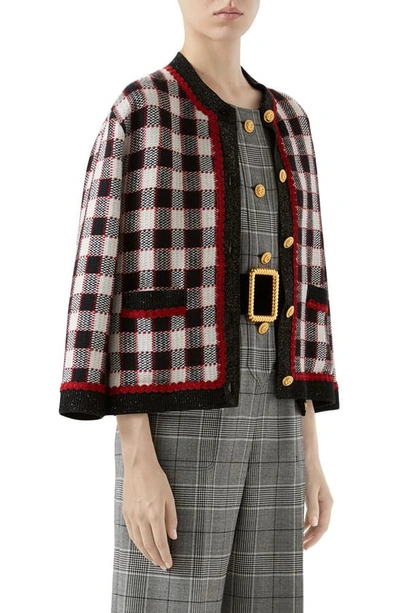 Shop Gucci Check Knit Wool Jacket In Ivory/ Red