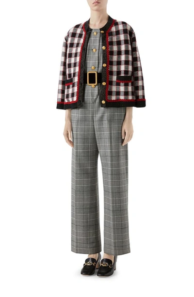 Shop Gucci Check Knit Wool Jacket In Ivory/ Red