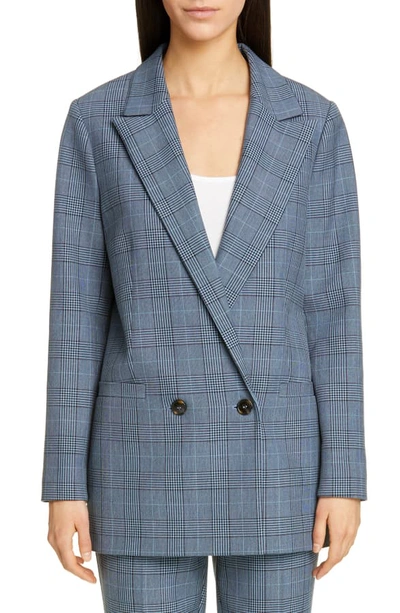 Shop Ganni Double Breasted Plaid Suiting Blazer In Forever Blue