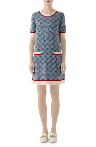 Shop Gucci Gg Logo Jacquard Shift Sweater Dress In Faded Light Blue/ Mix