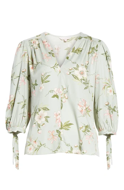 Shop Rebecca Taylor Lita Floral Tie Sleeve Silk Blend Blouse In Mint