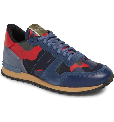 Shop Valentino Camo Rockrunner Sneaker In Blue/ Red