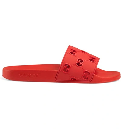 Shop Gucci Pursuit Gg Logo Slide Sandal In Red/ Coral