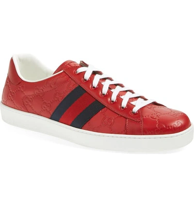 Shop Gucci New Ace Gg Supreme Sneaker In Hibiscus Red Leather