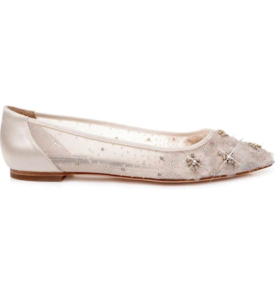 Shop Badgley Mischka Adrienne Crystal Embellished Skimmer Flat In Ivory Satin