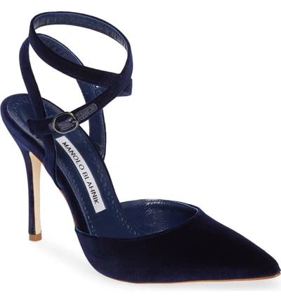 Shop Manolo Blahnik Tidra Multi Strap Velvet Sandal In Giulia Blue