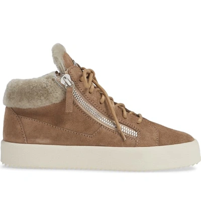 Shop Giuseppe Zanotti Giuseppe May London Mid-rise Lace-up Genuine Shearling Sneaker In Caramel