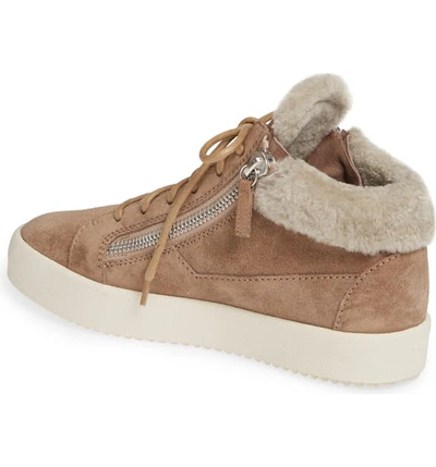 Shop Giuseppe Zanotti Giuseppe May London Mid-rise Lace-up Genuine Shearling Sneaker In Caramel