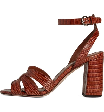 Shop Prada Lizard Embossed Ankle Strap Sandal In Cognac Tejus