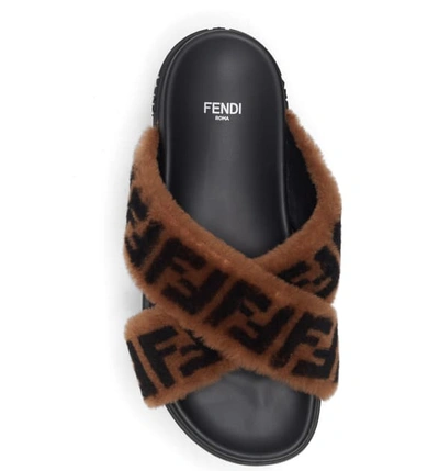 Shop Fendi Ff Genuine Shearling Cross Strap Slide Sandal In Black/ Brown