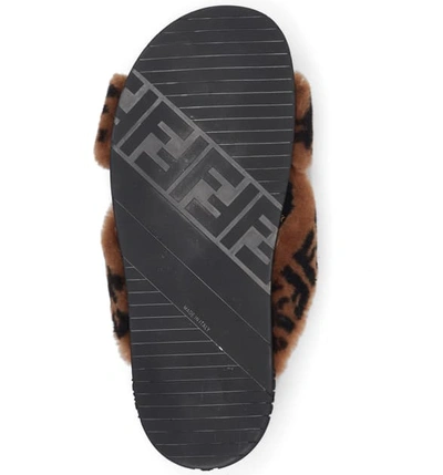 Shop Fendi Ff Genuine Shearling Cross Strap Slide Sandal In Black/ Brown