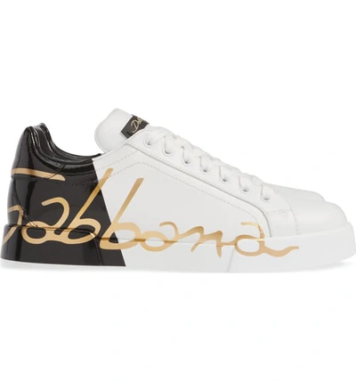 Shop Dolce & Gabbana Script Logo Sneaker In White/ Pink