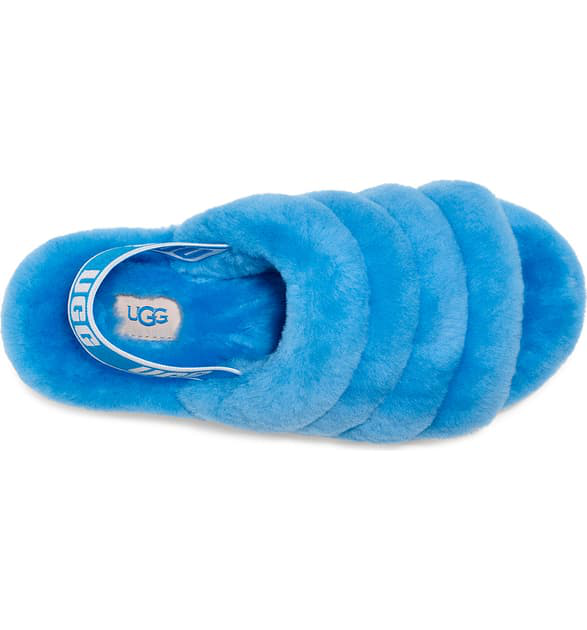 neon blue ugg slides