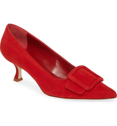 Shop Manolo Blahnik Maysale Buckle Pointed Toe Pump In Red Suede