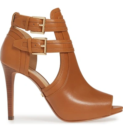 Shop Michael Michael Kors Blaze Peep Toe Buckle Bootie In Acorn Vachetta Leather