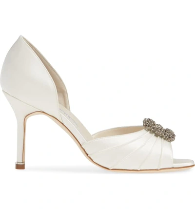 Shop Manolo Blahnik Cassiado Crystal Buckle Peep Toe Pump In Ivory Satin