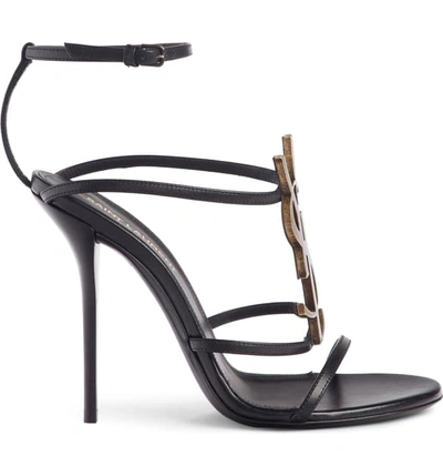 Shop Saint Laurent Cassandra Ysl Strappy Sandal In Black/ Gold