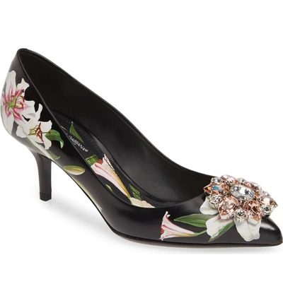 Shop Dolce & Gabbana Embellished Floral Pump In Black