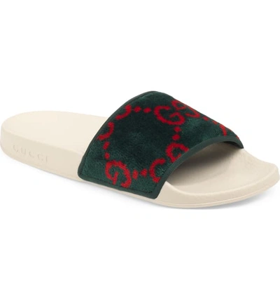 Shop Gucci Gg Logo Slide Sandal In Green/ Red