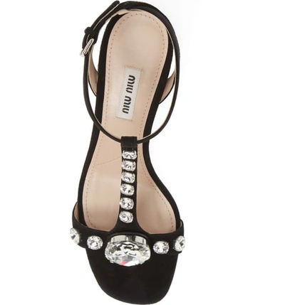 Shop Miu Miu Rocchetto Embellished T-strap Sandal In Black Suede