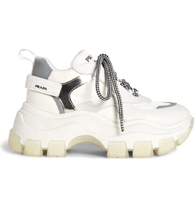 Shop Prada Platform Sneaker In White/ Argento