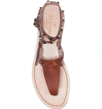 Shop Valentino Rockstud Ankle Wrap Thong In Cognac