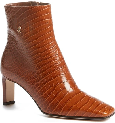 Shop Jimmy Choo Minori Croc-embossed Square Toe Bootie In Cuoio Croc Print