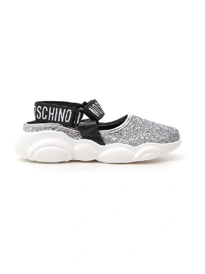 Shop Moschino Glitter Logo Strap Sneakers In Silver