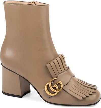 Shop Gucci Gg Marmont Fringe Bootie In Mud