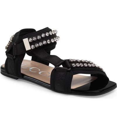 Shop Gucci Shea Crystal Embellished Flat Sandal In Black